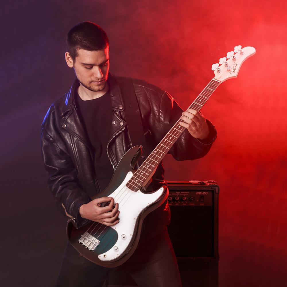 Glarry 46in  Beginner Electric Bass Guitar Starter Kit w/Case 20W Amp Blue