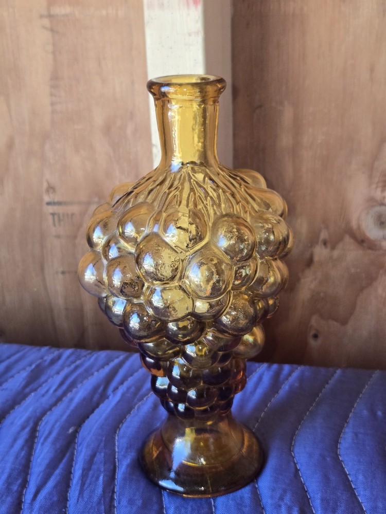 Vintage Pressed Amber Glass Textured Bubbled Grapes Footed Bottle Vase