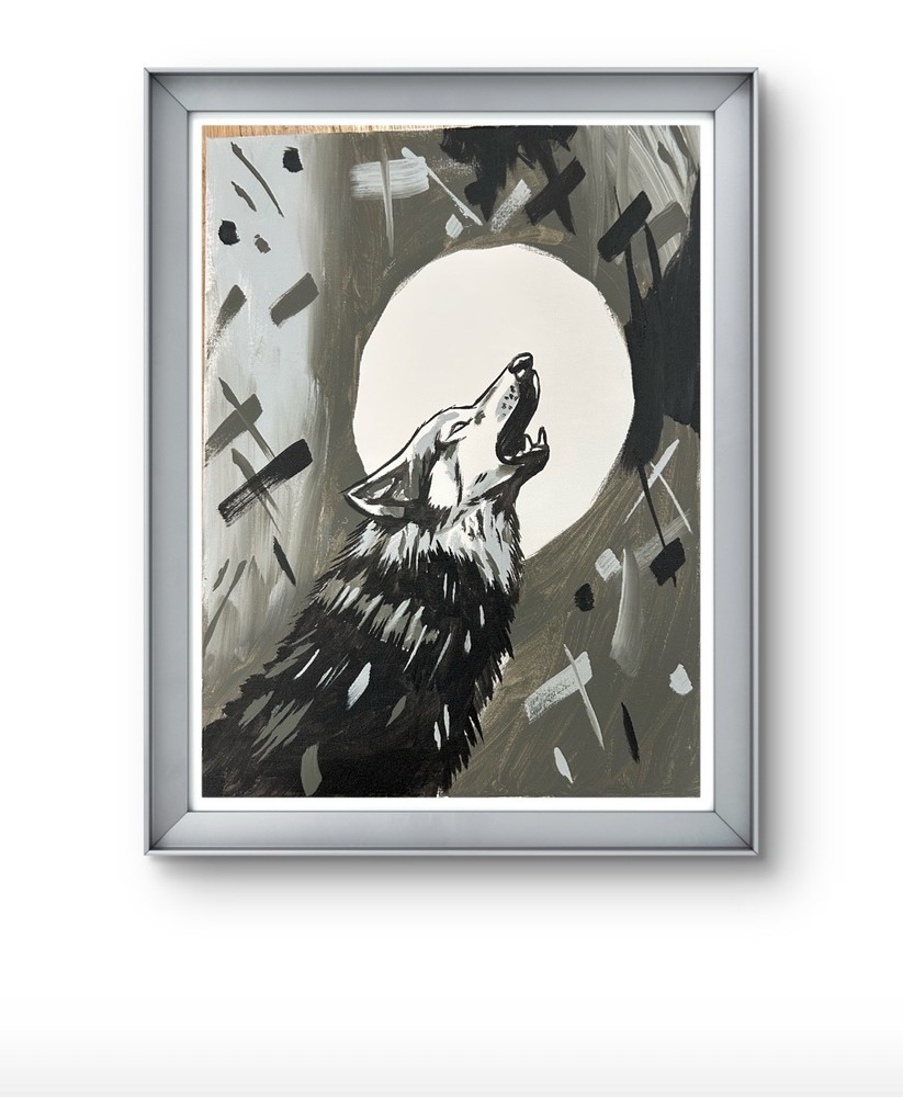 Original Abstract Howling Wolf Painting 14x11 canvas Modern Wall Art Home Decor