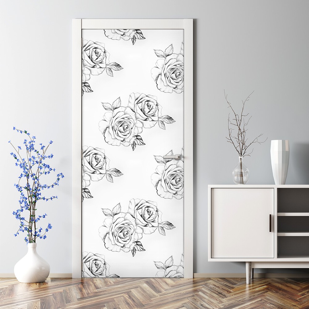 Sketched Roses Bubble Free Door sticker Flowers Decal Leaves decor floral