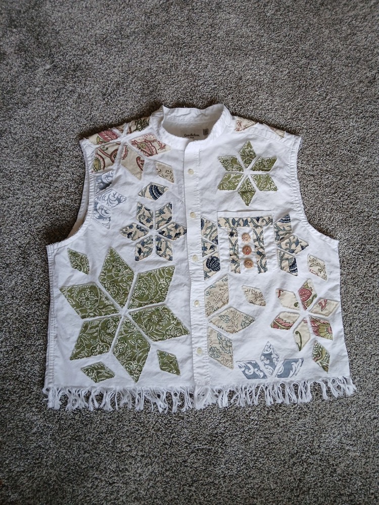 Upcycled Star Patchwork Vest XL Sleeveless Shirt Cottage Boho Western Festival