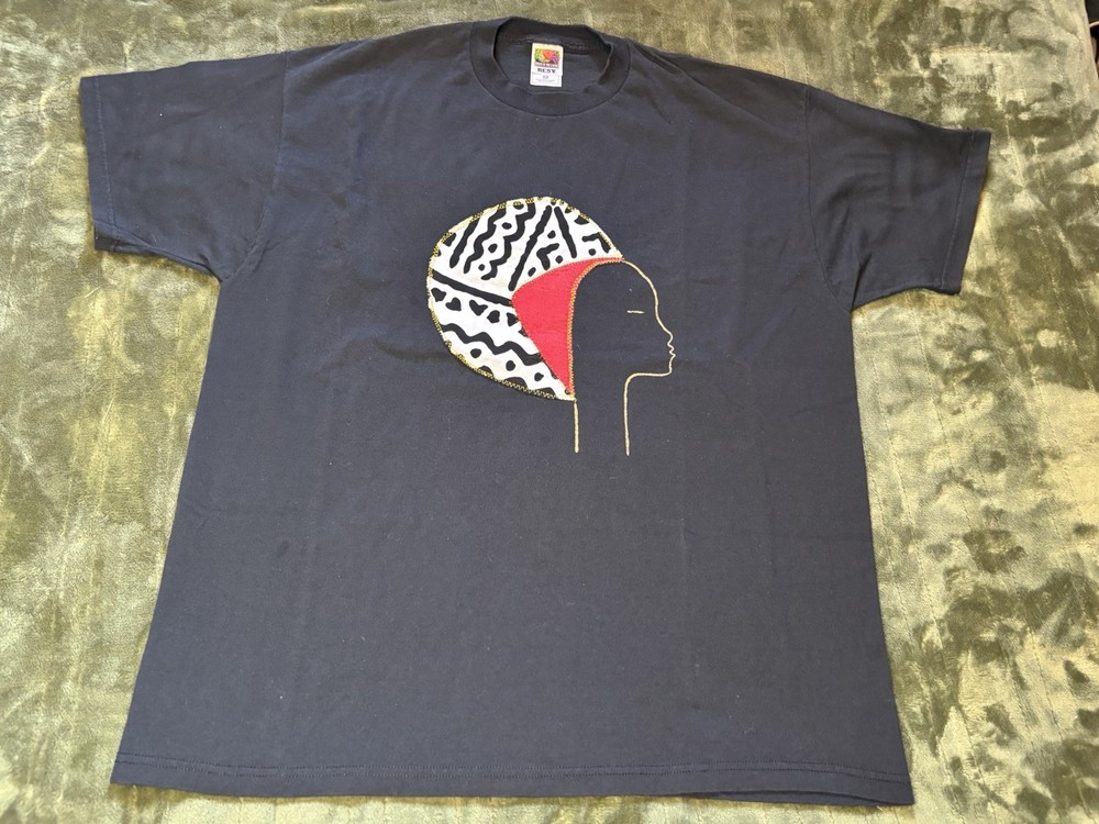 Vintage African Culture Art Shirt Mens 2XL XXL Black Stitched Tribal Graphic 90s