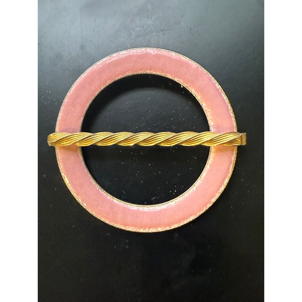 Vintage Pink Enameled Gold Tone Circular Art Deco Brooch