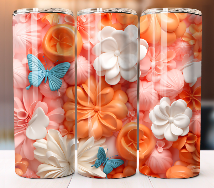 Pastel Butterfly 3D Colorful Flowers Tumbler 20oz Skinny Cup Mug Lid w/ Straw