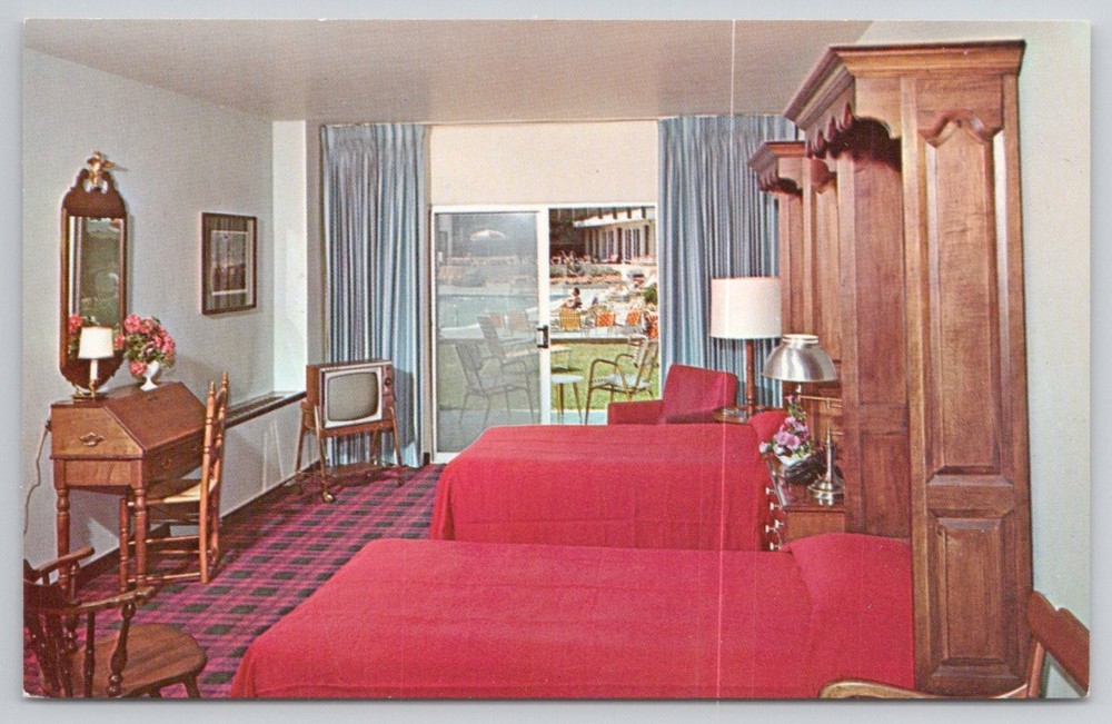 1965 Cherry Hill Inn NJ Hotel Room Pool View Vintage SUPERCHROME Postcard