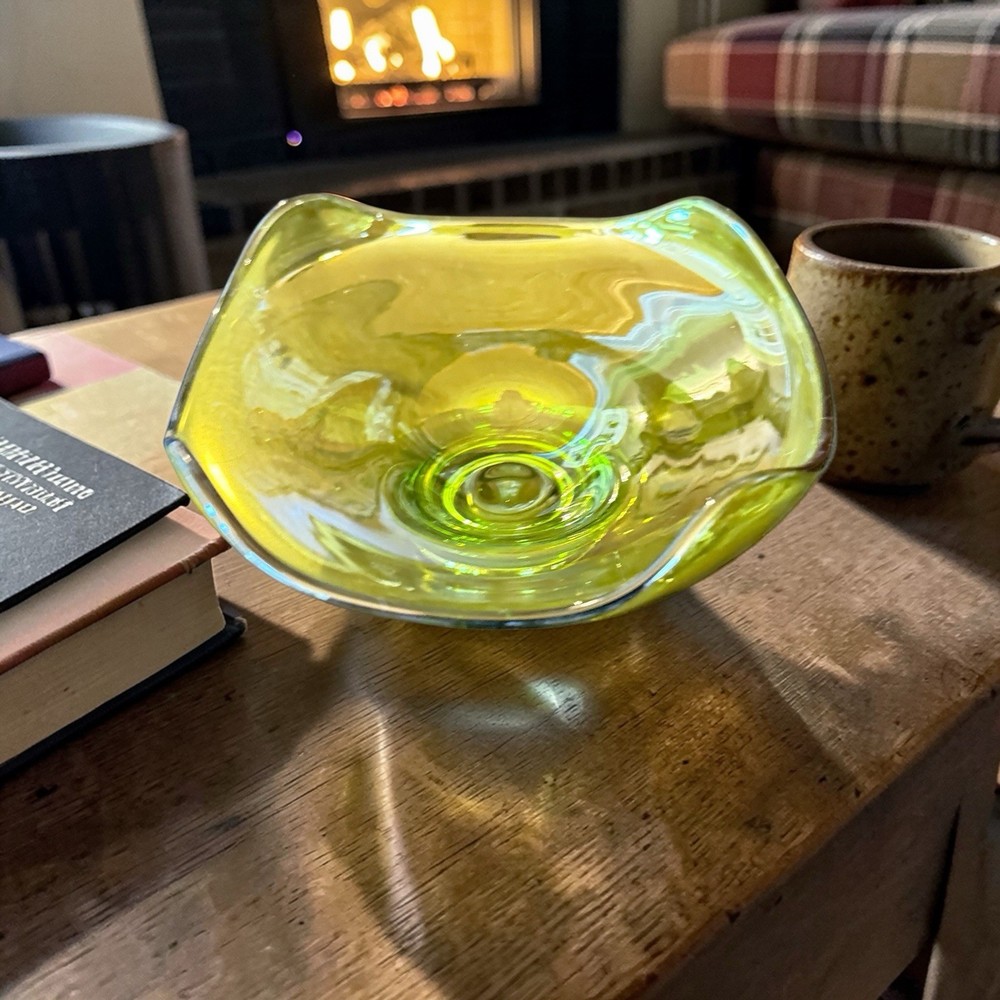 Yellow Art Glass Hand Blown Decorative Bowl with Glossy Abstract Shape-image