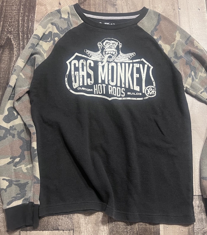 Gas Monkey Garage Thermal Shirt Mens Medium Camo Raglan Long Sleeve Waffle Knit