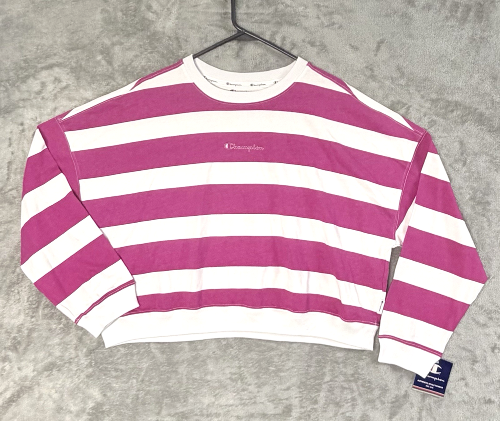 NWT Champion Cropped Sweatshirt Womens Large Dark Pink/White Striped Pullover