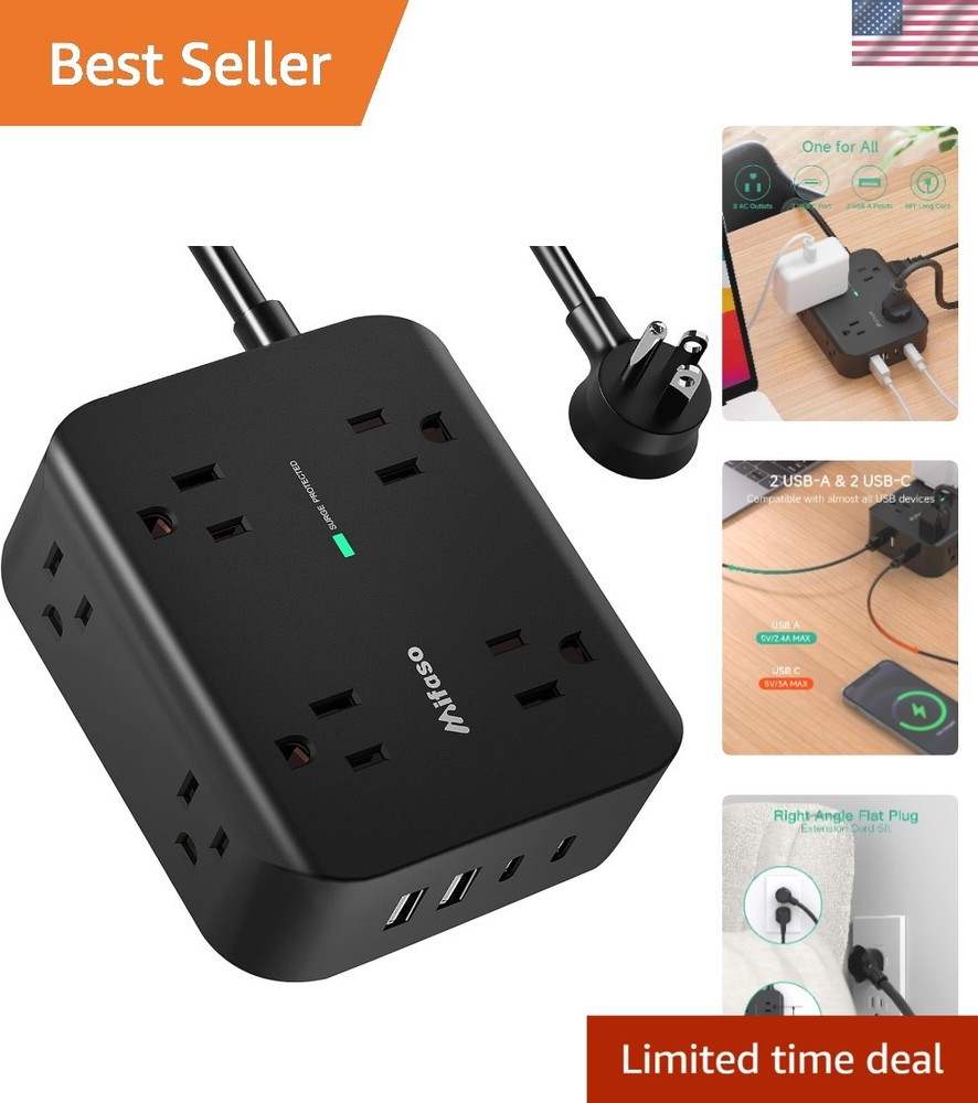 Compact Power Strip with 8 AC Outlets & USB Charging - Smart Wall-Mount Design