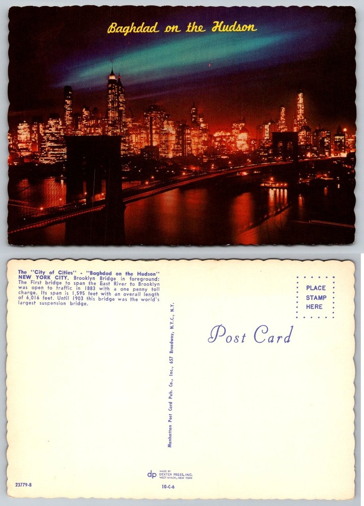 Brooklyn Bridge New York City Night View Postcard Baghdad on Hudson