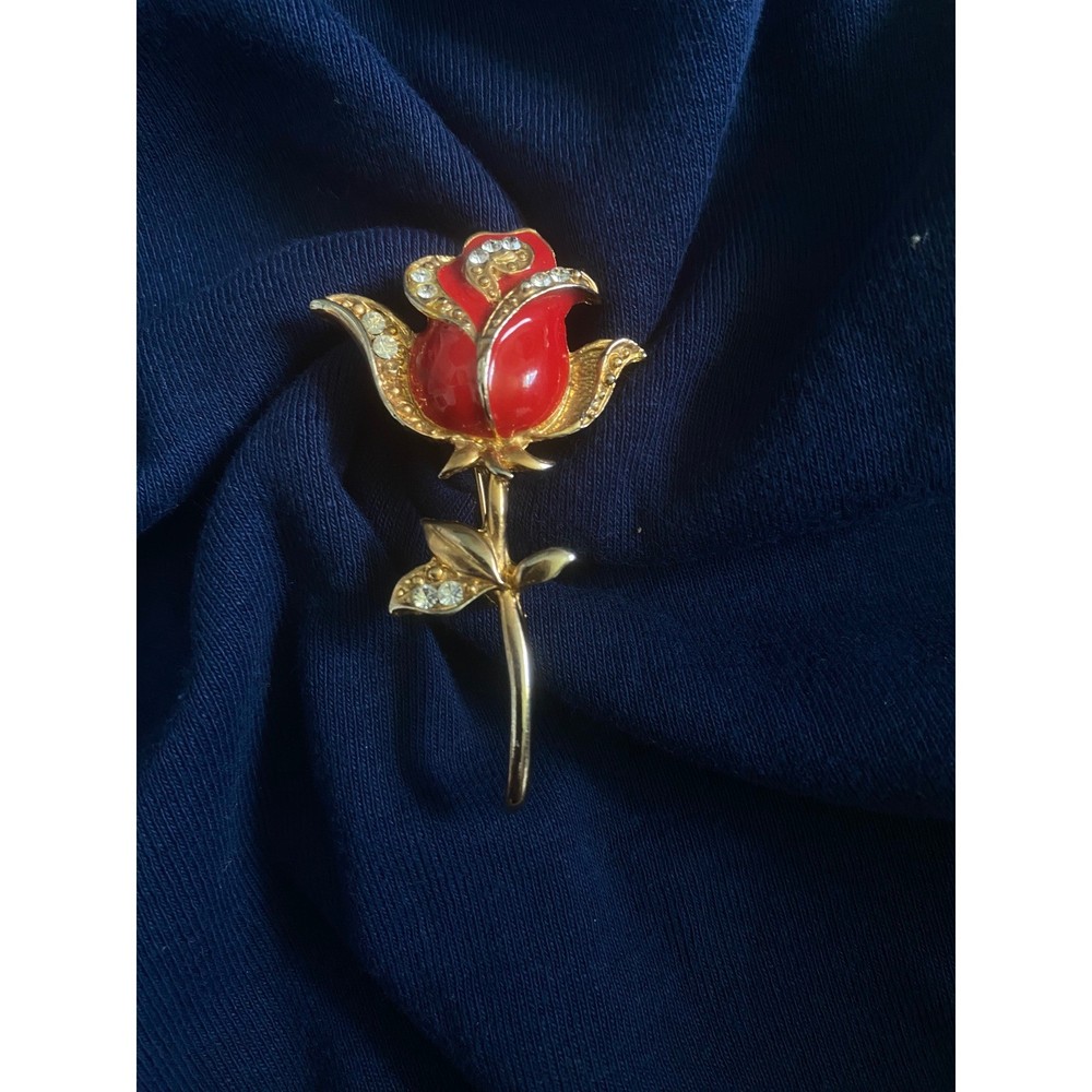 Vintage Red Rose Enamel Gold Tone Rhinestone Brooch Pin Floral Romantic Jewelry
