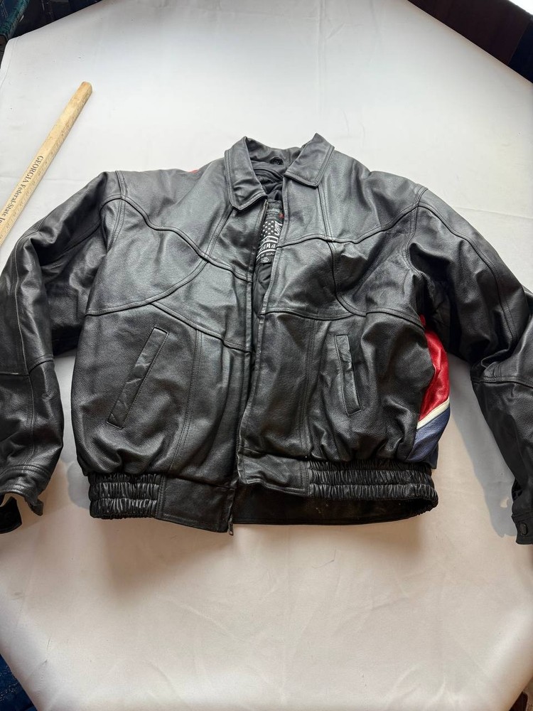 VTG USA Dream Apparel Flag Genuine Leather Biker Jacket XL Black REBE- L