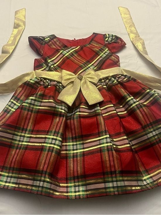 Rare Editions Red Plaid Holiday Dress with Gold Accents
