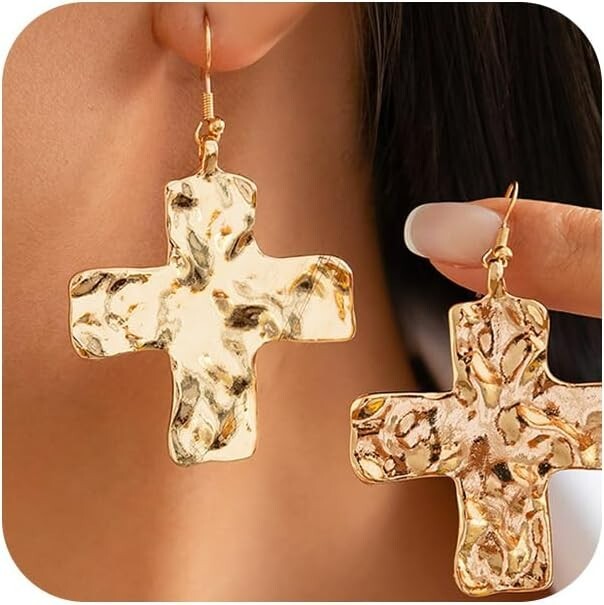 Chunky Gold Big Hammered Cross Drop Dangle Earrings for Women Trendy, Bold Thick