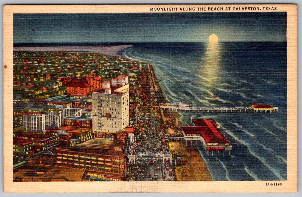 Vtg Linen Postcard Moonlight Beach Pier Galveston, TX 1940s