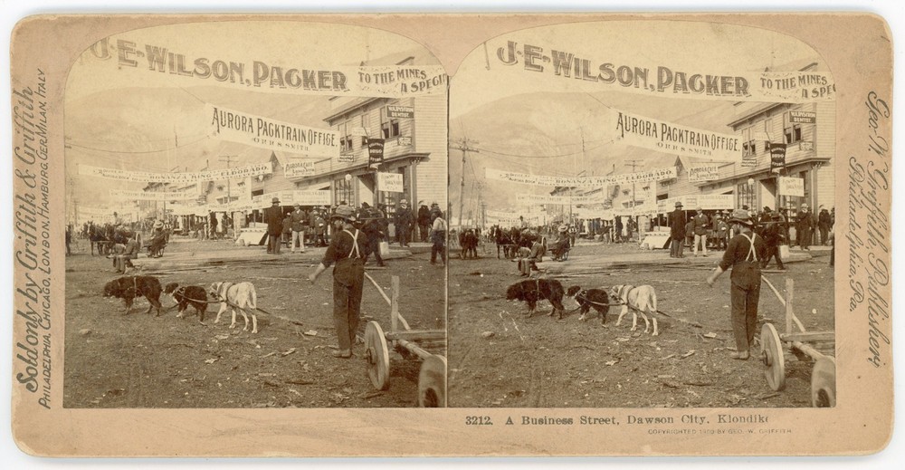 Dawson City Yukon Klondike Gold Rush Business Street Dog Team Stereoview AlaskaBATH HOUSE CAFE PACK TRAIN LAUNDRY OPTICIAN DRUG STORE
