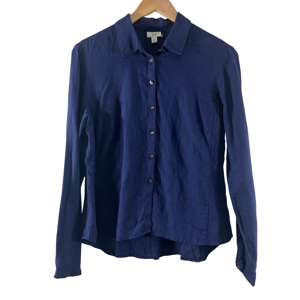 J. Jill Navy Blue 100% Linen Button Down Shirt Long Sleeve Womens XS Tailored