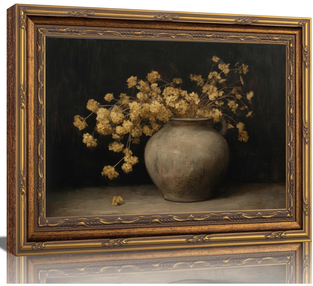 Vintage Gold Framed Floral Wall Art Rustic Farmhouse Dark Moody Flower Botoni...