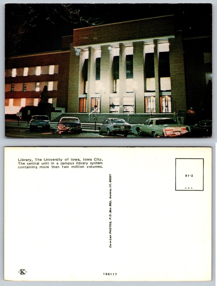 Library University Of Iowa Iowa City Night Cars Postcard