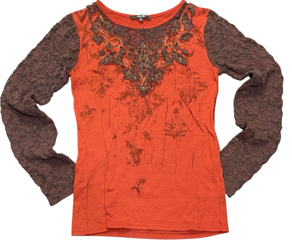 VTG Y2K Miss Me Women’s S Shirt Rhinestones Embellished Western Orange & Brown