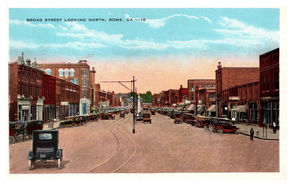 Broad St Downtown Business Old Cars Trolley Track Rome GA C1920s Postcard AG2