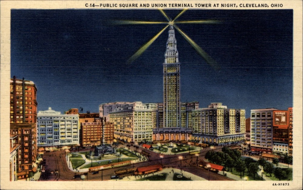 Public Square Union Terminal Tower Cleveland Ohio at night ~ 1940s linen