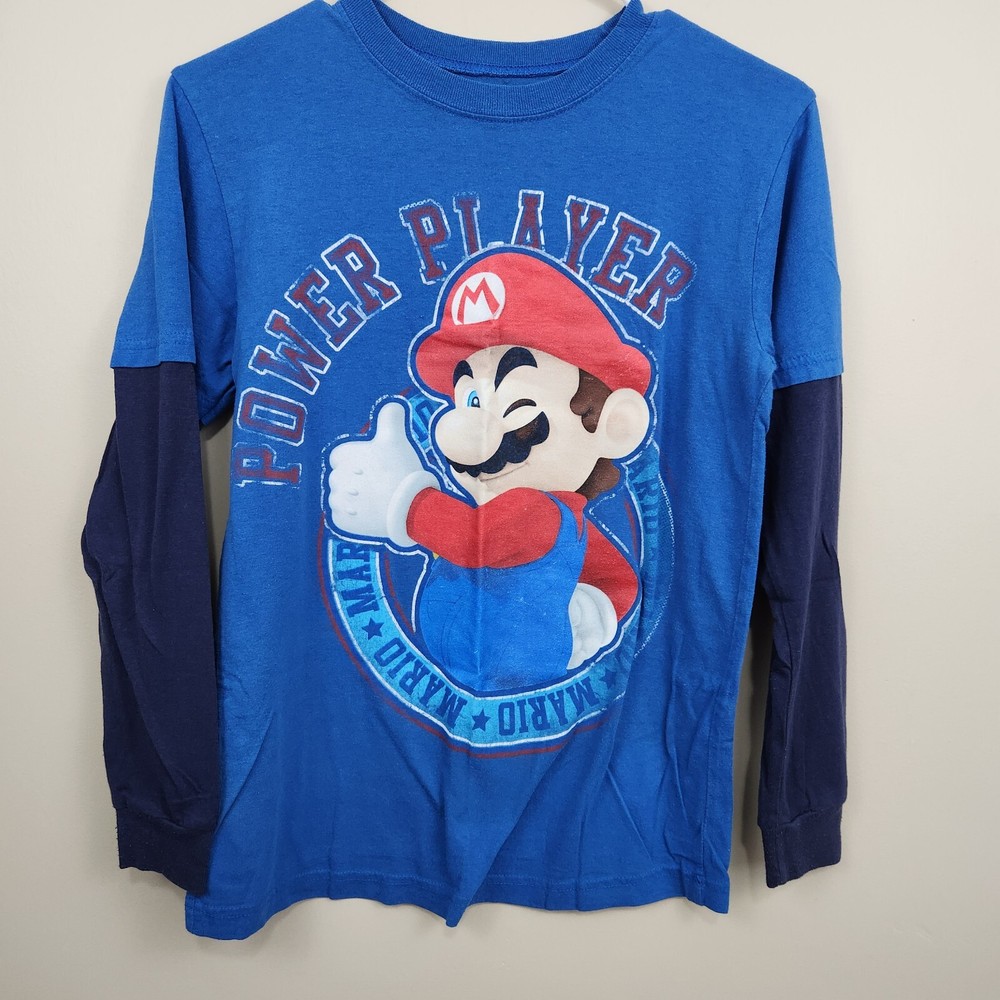SUPER MARIO T-Shirt Youth 14/16 Boys Blue Nintendo Long Sleeve Distressed Logo