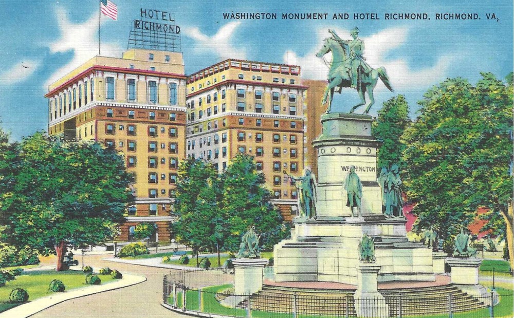 c1940 Richmond Virginia VA ~ Hotel Richmond & Washington Monument Postcard UNP