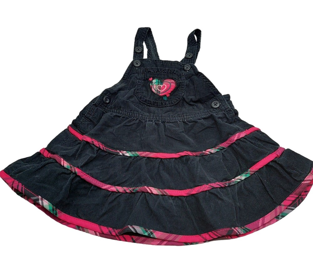 OshKosh BGosh Black Corduroy Dress Overall 18 Months plaid heart accents