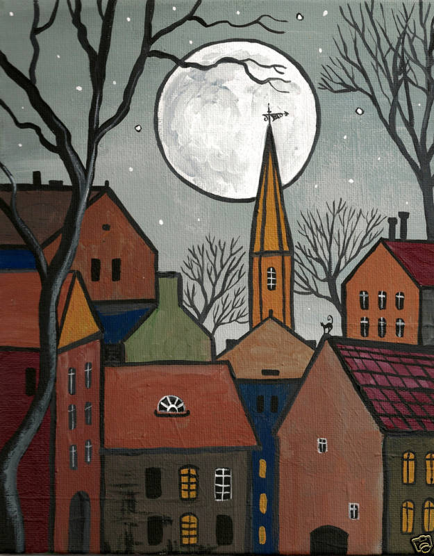 PRINT OF PAINTING 8x10 RYTA HOUSE FOLK ART BLACK CAT Halloween moon landscape 🌗