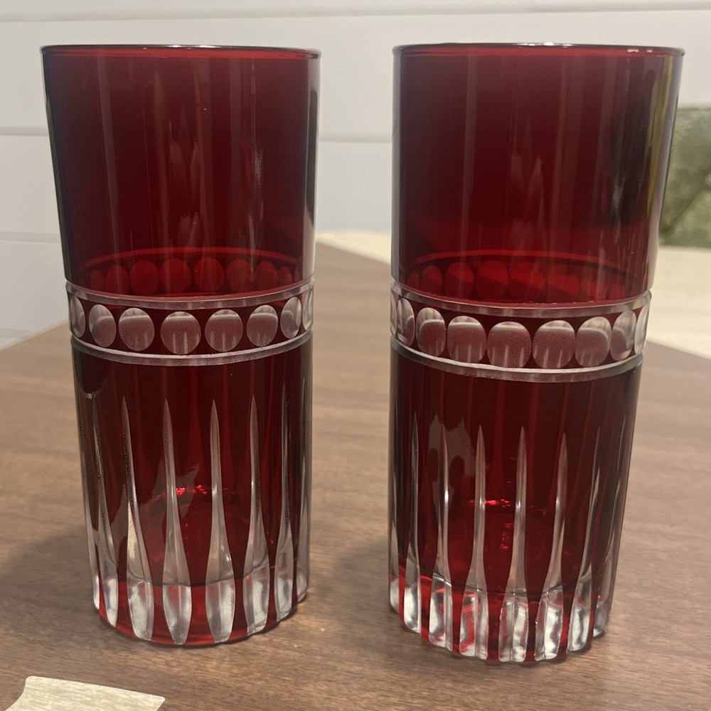 Williams Sonoma Set of  2 Wilshire Jewel Cut Ruby Red Highball Glasses Cups