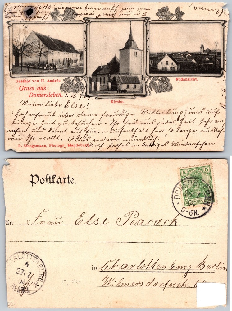 Gruss aus Domersleben Germany Kirche Gasthof Town View Postcard