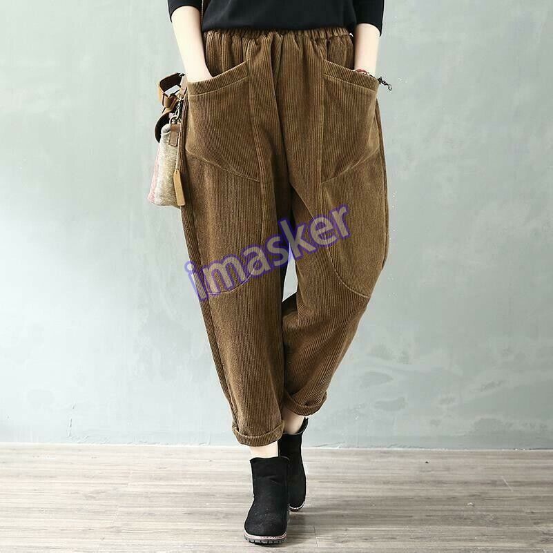 Women Corduroy Harem Pants Trousers Loose Pocket Elastic Waist Casual M-3XL