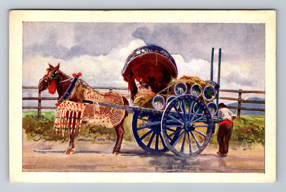 Italy- Decorated Wine Cart Pulled By Donkey Old Postal Card PC Vintage Postcard