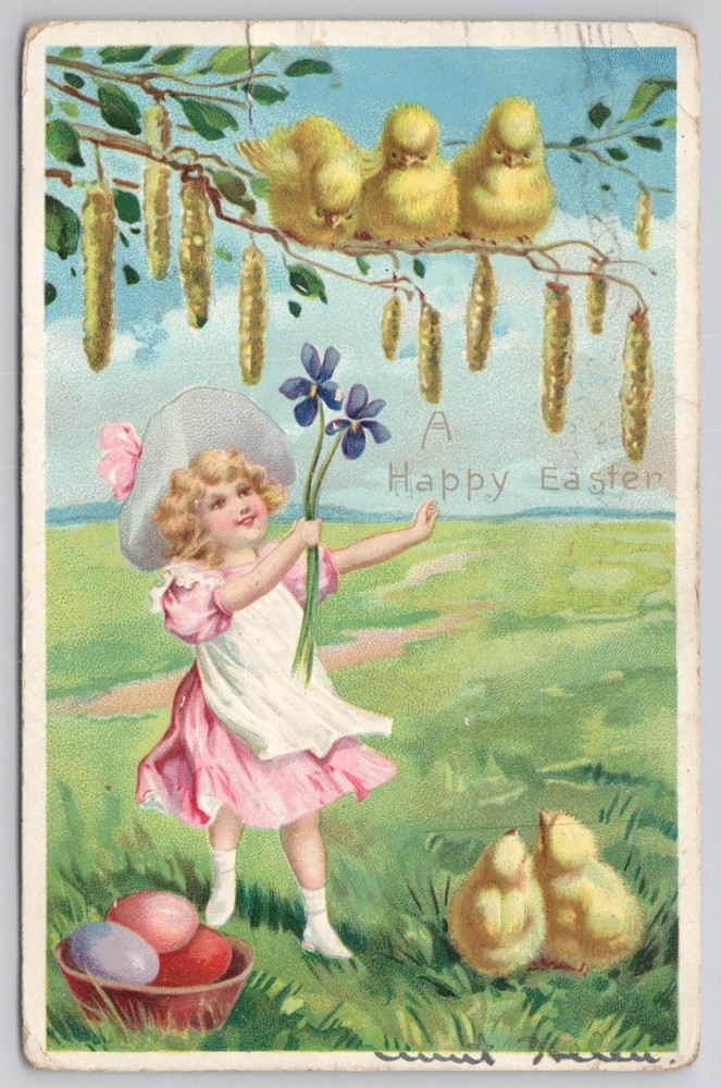 Raphael Tuck Easter Postcard 1907 Girl Chicks Eggs Chester PA Postmark