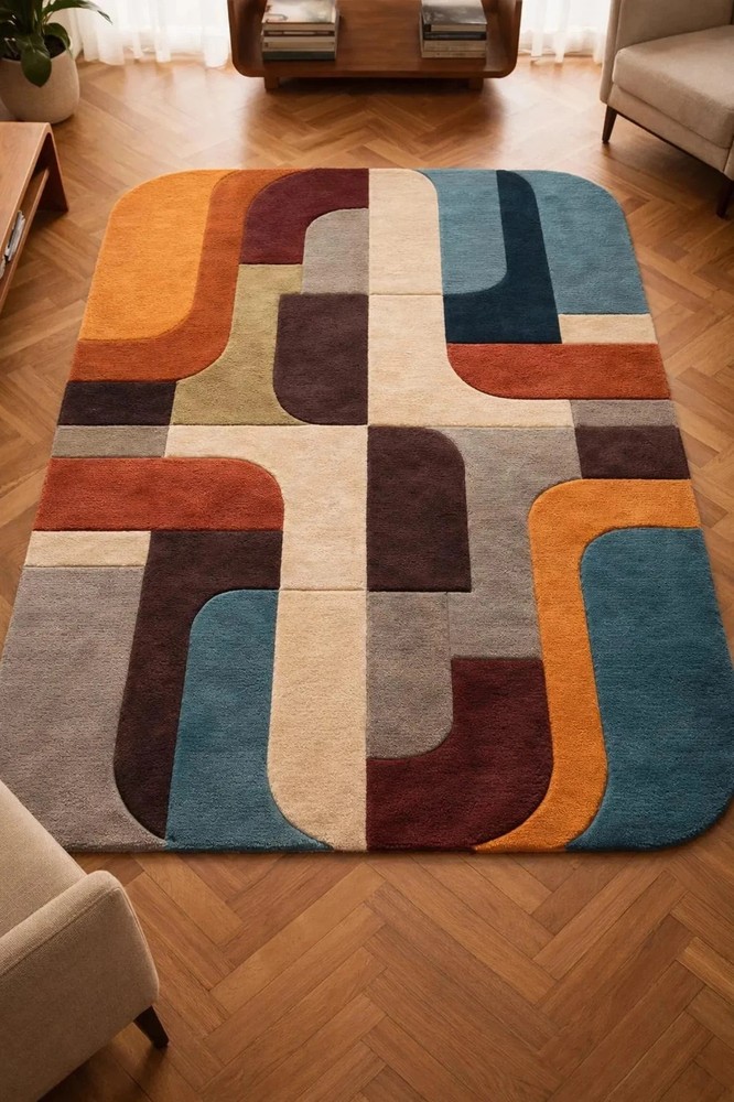 Mid Century Modern Rug Geometric Wool Area Rug Hand Tufted Abstract Retro Orange