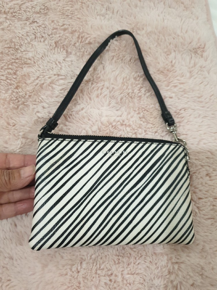 COACH BLEECKER Black And White Striped Covered Canvas & Leather Wristlet