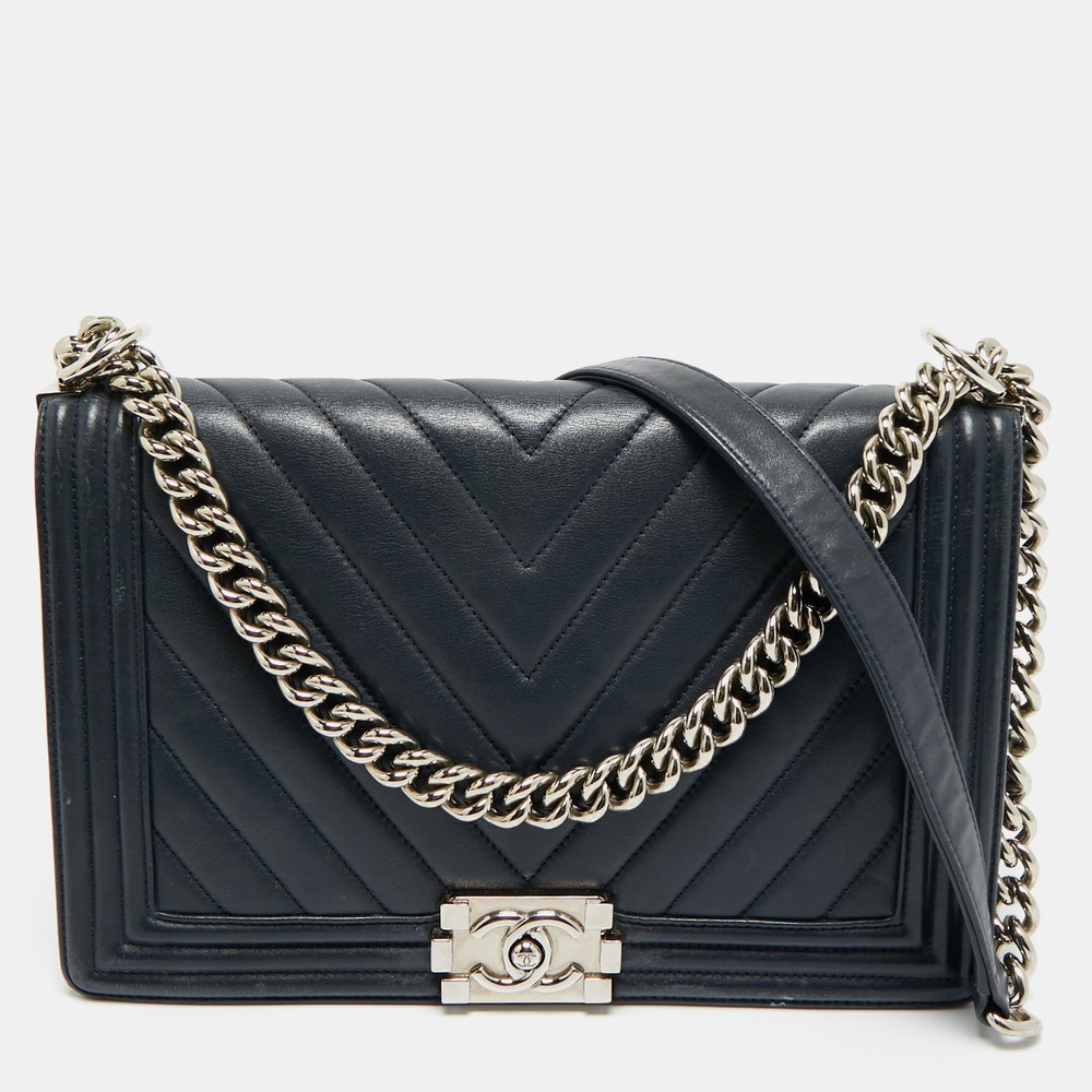 Chanel Navy Blue Chevron Leather New Medium Boy Flap Bag  