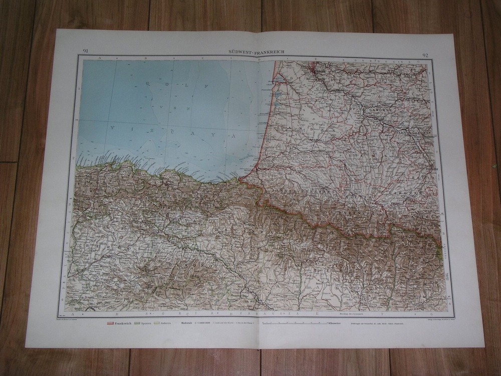 1905 Original Antique Map Of Basque Country Pyrenees Bearn Spain France
