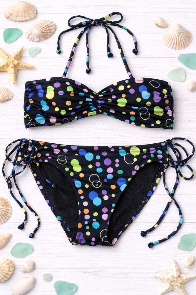 RARE 07 VTG Victoria's Secret Bikini Set Black Rainbow Polka Dot Y2K S