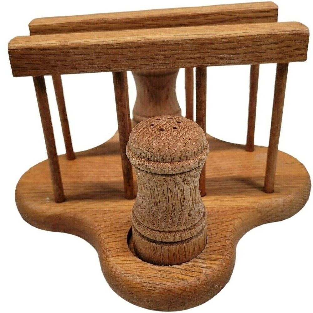 Wooden Napkin Holder Salt and Pepper Shakers Handmade Carved Wood Vintage