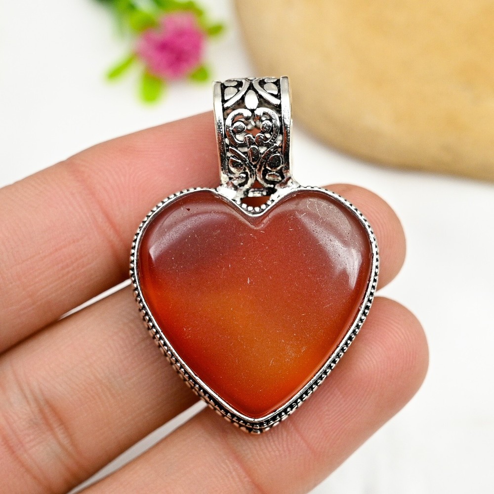 Natural Carnelian Gemstone Heart Pendant 925 Sterling Silver Handmade Jewelry