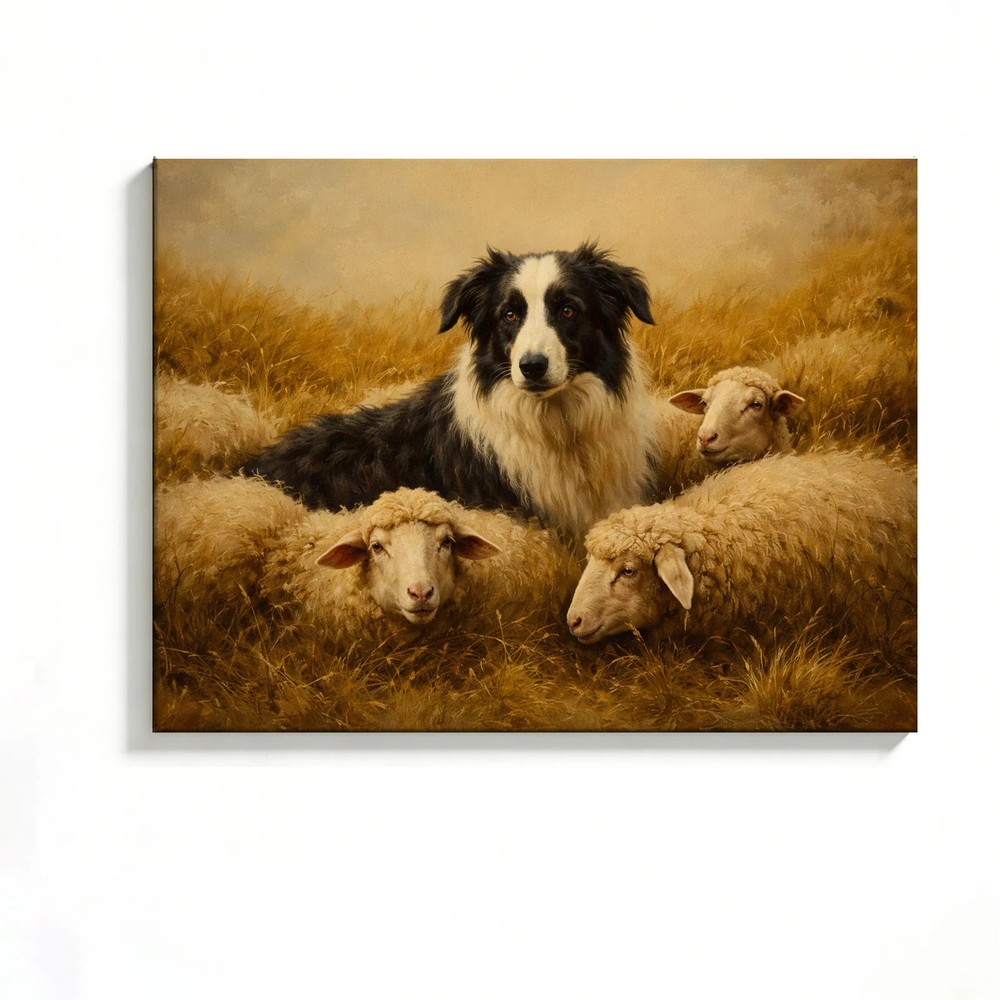 Sheepdog and Sheep Canvas Painting 2D Flat Frameless Wall Art Home Office Decor