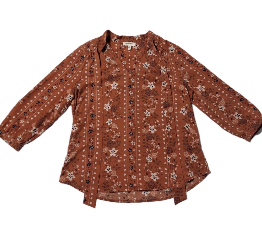 Monteau Blouse Womens Large Floral Boho Tie Front 3/4 Sleeve Top