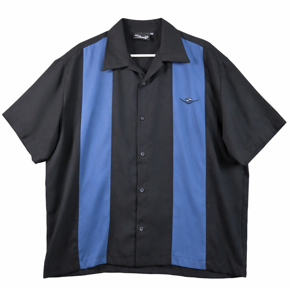 Steady Black Blue Panel Button-Up Shirt Men’s XXL Retro Bowling Short Sleeve