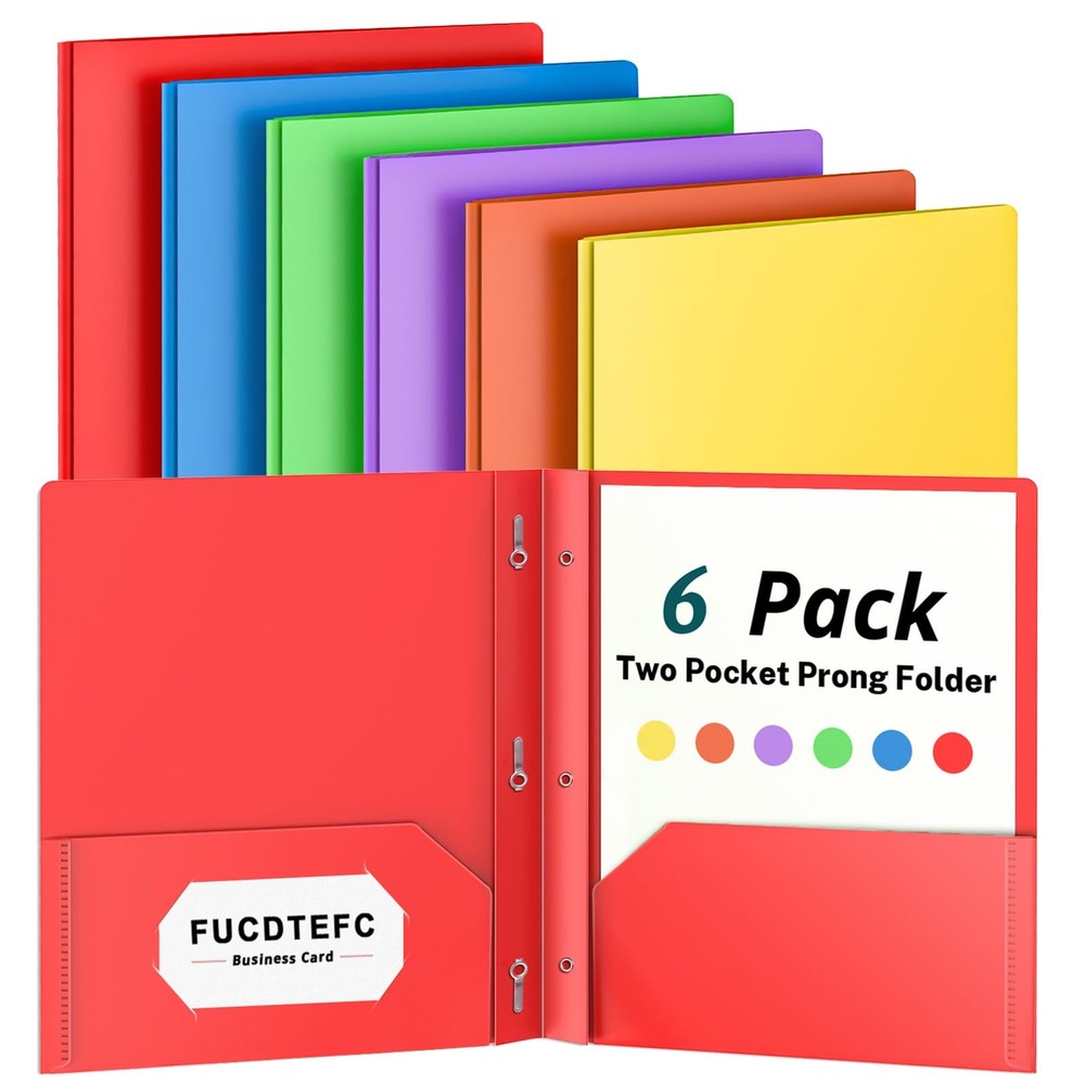 FUCDTEFC 2 Pocket Folder with Prong, 6 Pack Plastic Folders 6 Pack, Color