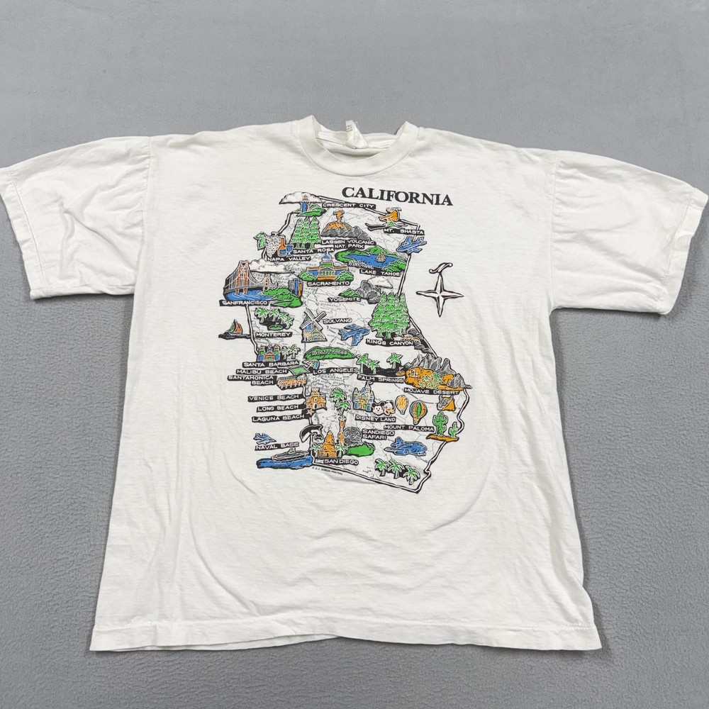 Vintage California Map Shirt Mens Large White Graphic Tourist Travel