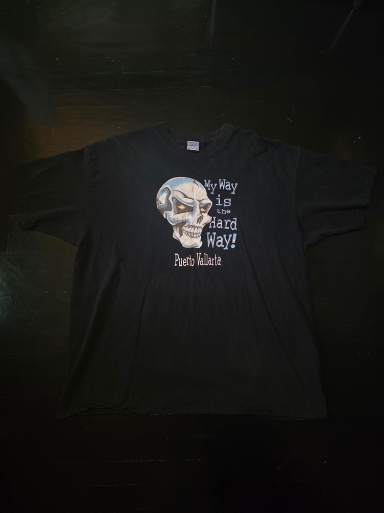 Vintage Puerto Vallarta Black Skull T-Shirt Y2K Streetwear Biker Graphic Tee 2Xl