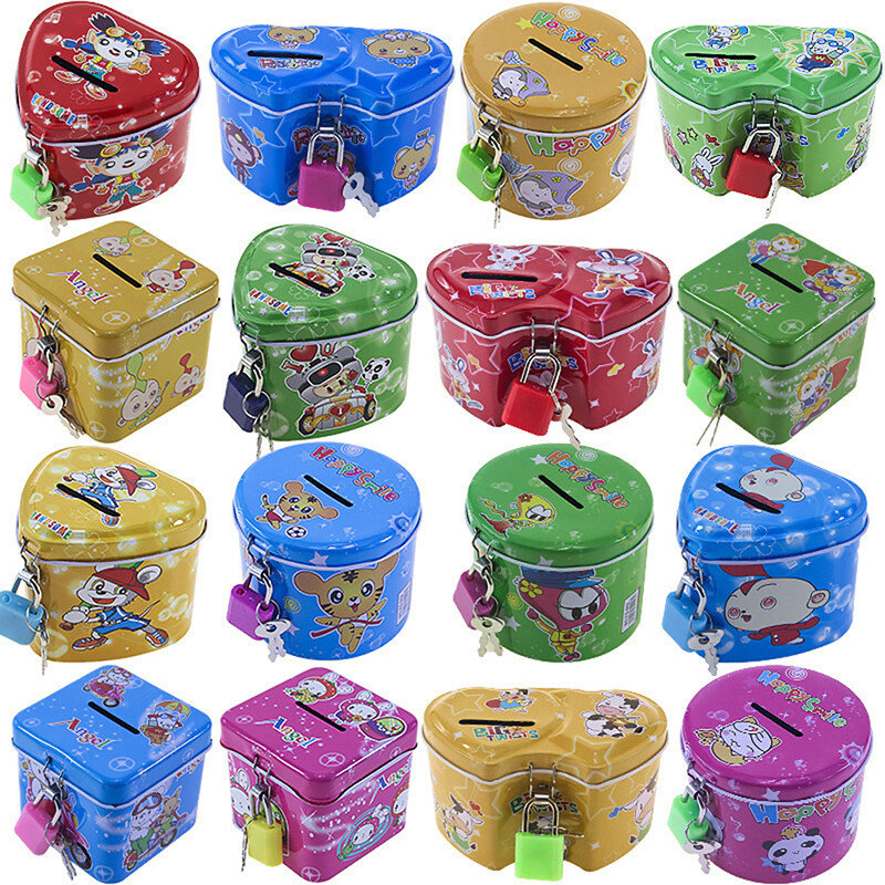 Cute Cartoon Square Tin Metal Piggy Bank Saving Cash Coin Money Box Children Ta5