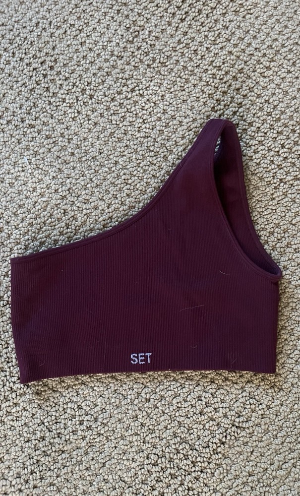 Set Active Burgundy Red One Shoulder Ribbed Sports Bra Crop Top Athletic Shirt S